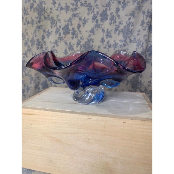 Pink Blue Hand Made 10" Glass Pedestal Bowl Bohemia Czech Republic Glass MCM - Picture 4 of 12